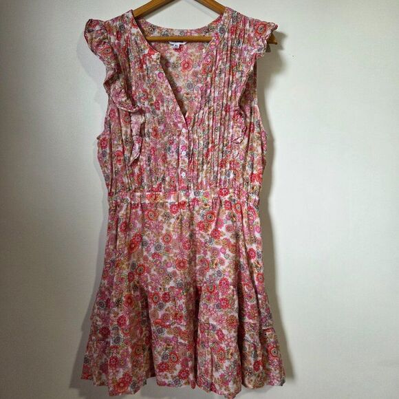 NWOT STEVE MADDEN FLORAL SPLIT V NECK FLUTTER SLEEVES BUTTONED SHORT DRESS SZ XL - Picture 1 of 16